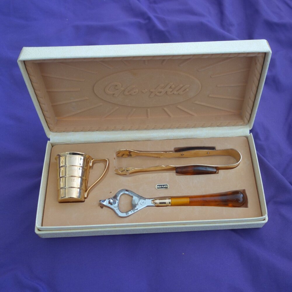 Glo-Hill Gold Plate Measuring Cup / Bottle/Can Opener / Tongs